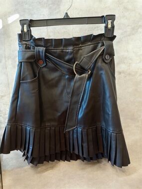 Zara Black Faux Leather Pleated-Hem Mini Skirt with Tie Belt
